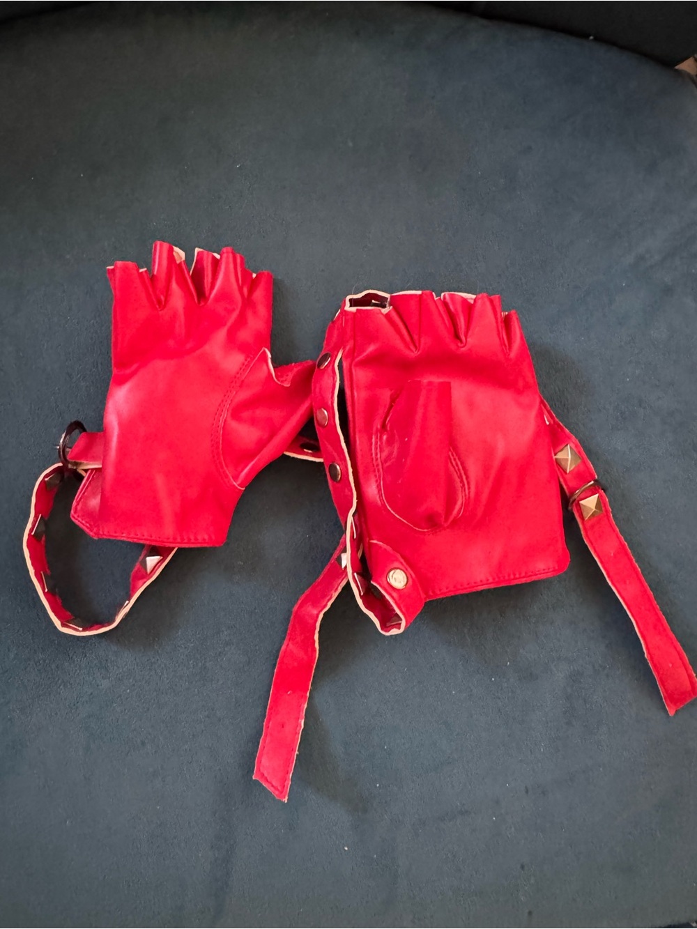 Red Fingerless Leather Driving Gloves with Stud Strap